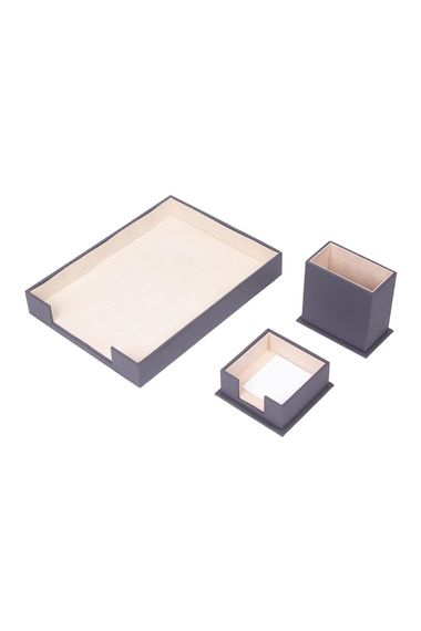 Leather 3 Piece Desktop Set Gray Single Document Shelf, Pen Holder and Note Holder