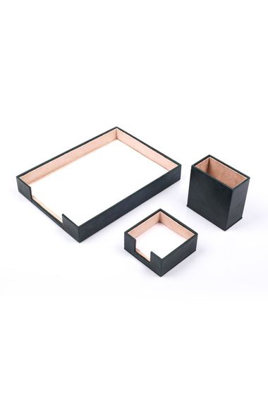 Leather 3 Piece Desktop Set Green Single Document Shelf, Pen Holder and Note Holder