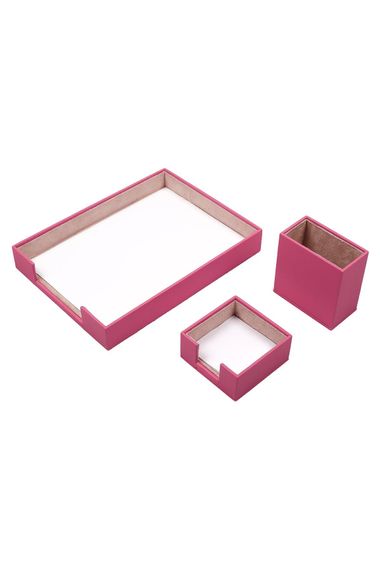 Leather 3 Piece Desktop Set Pink Single Document Shelf, Pen Holder and Note Holder