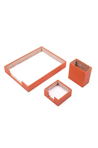 Leather 3 Piece Desktop Set Orange Single Document Shelf, Pen Holder and Note Holder