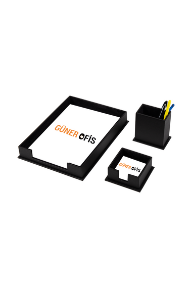 Leather 3 Piece Desktop Set Black Single Document Shelf, Pen Holder and Note Holder - photo 1