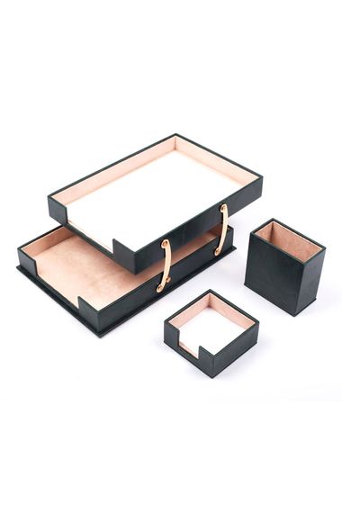 Leather 3 Piece Desktop Set Green Double Document Shelf, Pen Holder and Note Holder