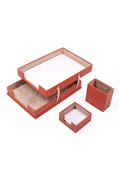 Leather 3 Piece Desktop Set Orange Double Document Shelf, Pen Holder and Note Holder