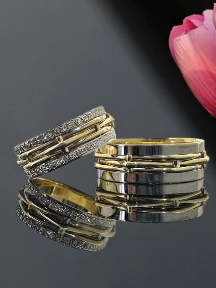 سلة خوص بدون حجر محبوكة إنتاج يدوي تصميم خاص خاتم زفاف من الذهب عيار 14 قيراط - صورة 3
