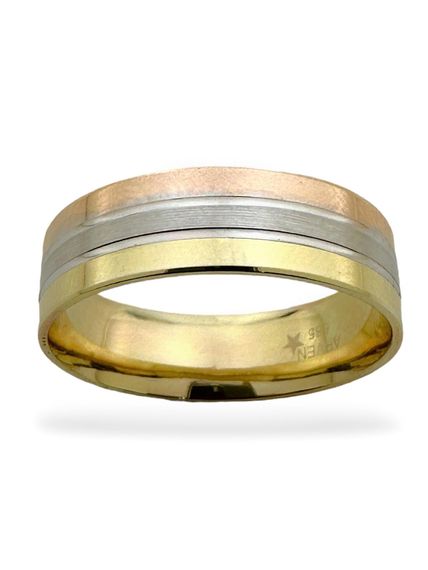 خاتم زفاف من الذهب الخالص عيار 14 قيراط بتصميم خاص بثلاثة ألوان مقاس 7 ملم - صورة 1
