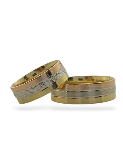 خاتم زفاف من الذهب الخالص عيار 14 قيراط بتصميم خاص بثلاثة ألوان مقاس 7 ملم - صورة 3