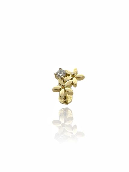 Серьга «Цветок» с одним камнем на козелке, золото 14 карат