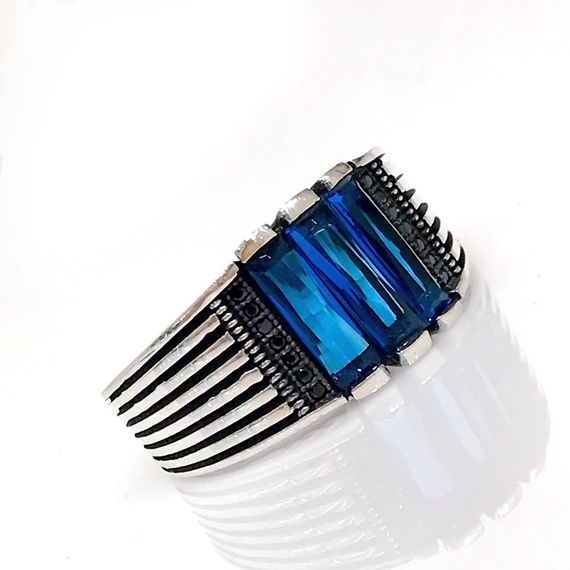 Sapphire Blue Baguette Cut Special Design Simple Sterling Silver Men's Ring