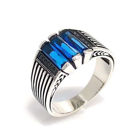 Sapphire Blue Baguette Cut Special Design Simple Sterling Silver Men's Ring