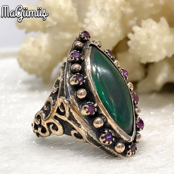 Natural Malachite, Ruby Stone Handmade Authentic Silver Ring