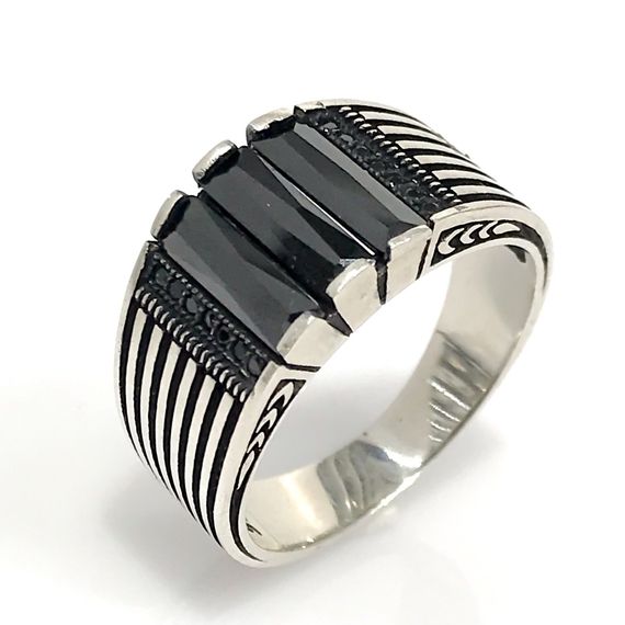 Black New Simple Stylish Baguette Onyx Silver Men's Ring