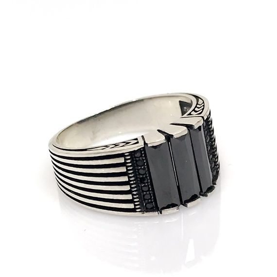 Black New Simple Stylish Baguette Onyx Silver Men's Ring