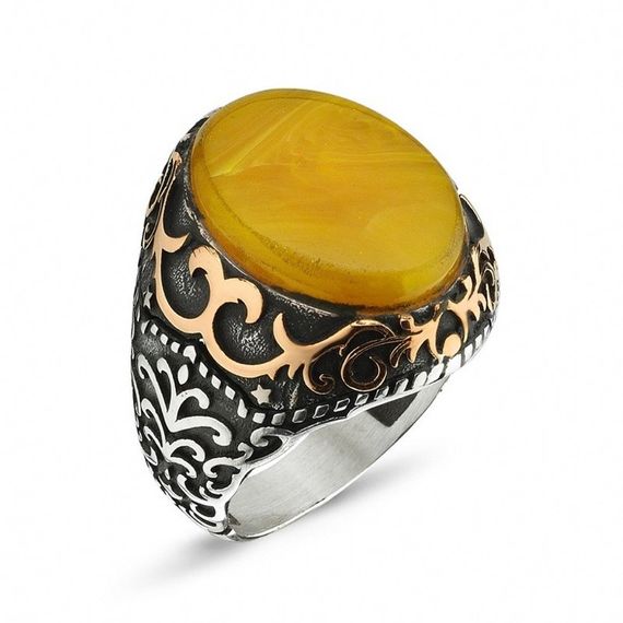 Mosaic Fire Amber Stone Handmade Sterling Silver Men's Ring - photo 1