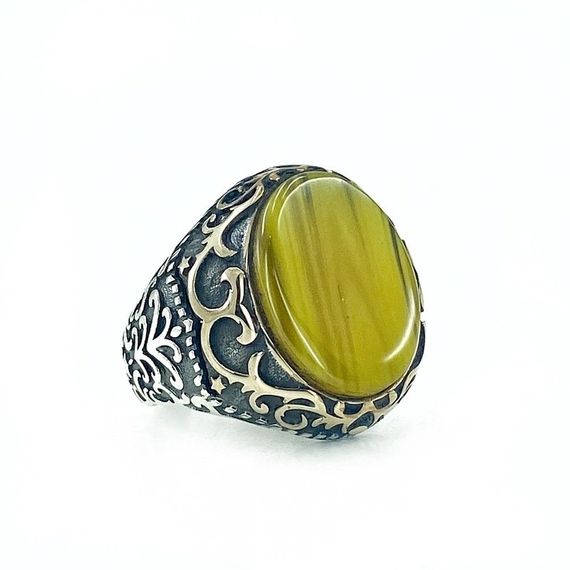 Mosaic Fire Amber Stone Handmade Sterling Silver Men's Ring - photo 3