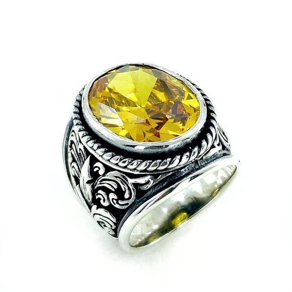 Big Citrine Stone Handmade 925 Sterling Silver Men's Ring - photo 1