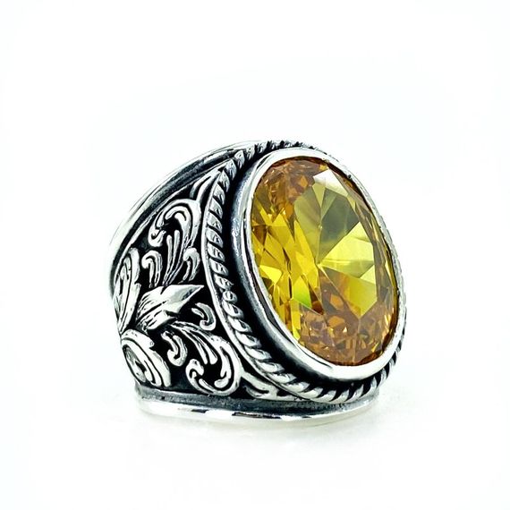 Big Citrine Stone Handmade 925 Sterling Silver Men's Ring - photo 2