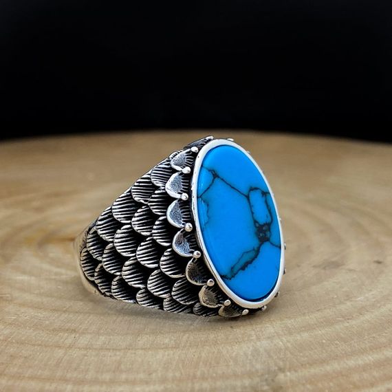 Natural Turquoise Stone New Model 925 Sterling Silver Men's Ring - photo 1