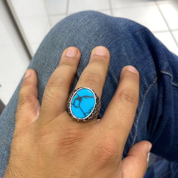 Natural Turquoise Stone New Model 925 Sterling Silver Men's Ring - photo 3