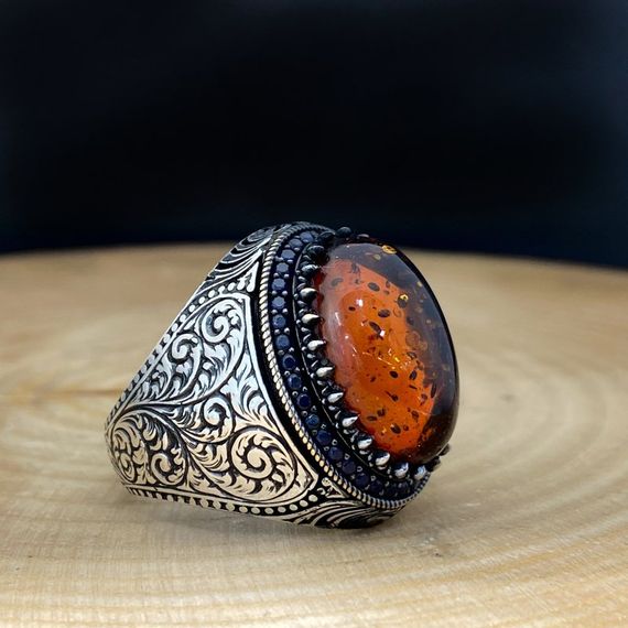 Drop Amber Penkar Engraving 925 Sterling Silver Men's Ring - photo 3