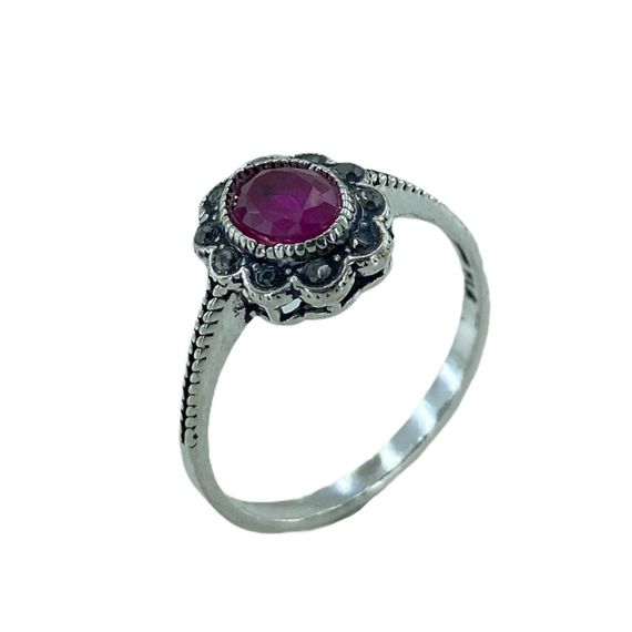 Tiny Root Ruby Stone Marcasite Authentic 925 Sterling Silver Ring