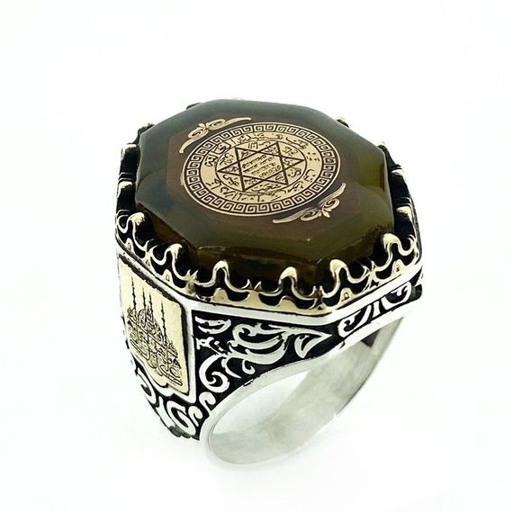 Star of David Seal of Solomon Amber Stone Special Sterling Silver Men's Ring - photo 1