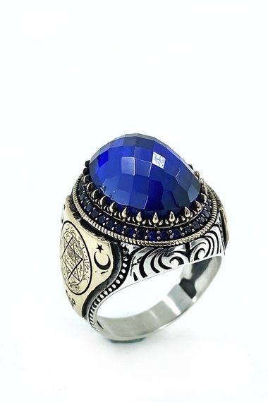 Oval Sapphire Seal of Solomon Top Quality Sterling Silver Men's Ring - photo 1