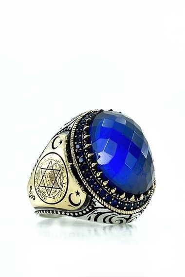 Oval Sapphire Seal of Solomon Top Quality Sterling Silver Men's Ring - photo 2