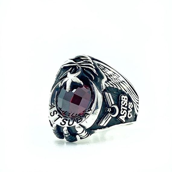 Single Headed Eagle Moon Yildiz Petty Officer Sergeant Silver Men's Ring - photo 1