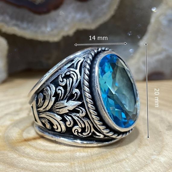 Large Aquamarine Stone Handmade 925 Sterling Silver Men's Ring - photo 3