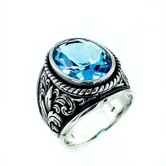 Large Aquamarine Stone Handmade 925 Sterling Silver Men's Ring - photo 1