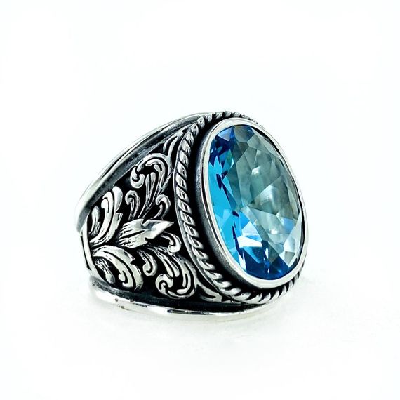 Large Aquamarine Stone Handmade 925 Sterling Silver Men's Ring - photo 2