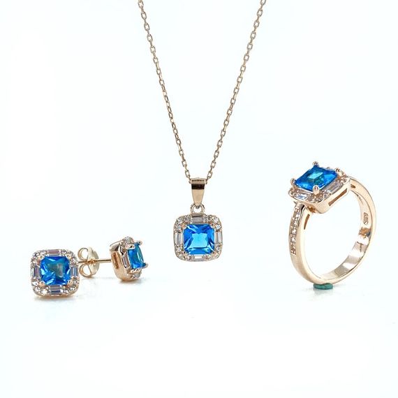 Blue Topaz Stone Baguette Top Quality 925 Silver Set Set - photo 1