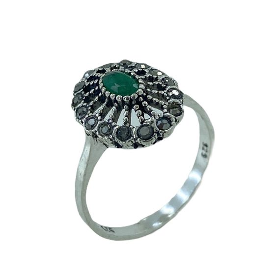 Authentic Marcasite Tiny Emerald Stone 925 Sterling Silver Ring