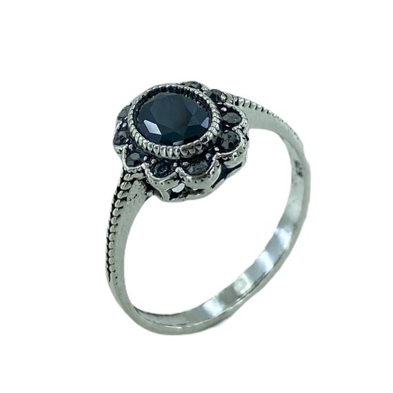 Tiny Black Stone Marcasite Authentic 925 Sterling Silver Ring