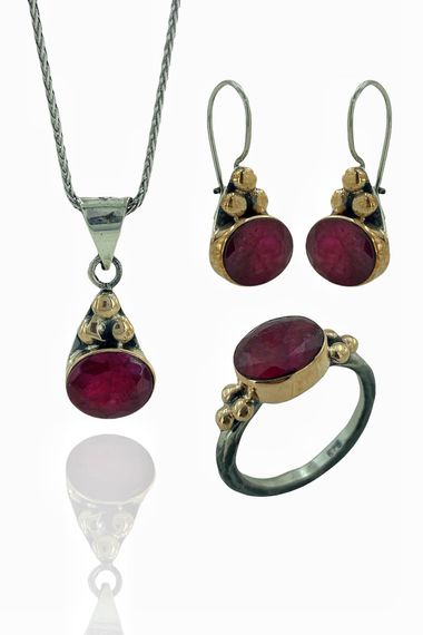 Natural Ruby Stone Hand Made Authentic 925 Silver Set Set - photo 1