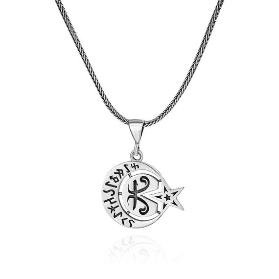 Gokturk Letter Elif Vav Moon Yildiz 60 cm 925 Sterling Silver Necklace