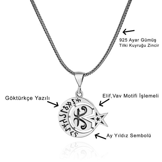 Gokturk Letter Elif Vav Moon Yildiz 60 cm 925 Sterling Silver Necklace