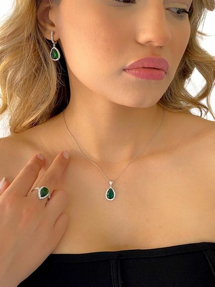 925 Sterling Silver Drop Emerald Green Top Quality Set Set - photo 2