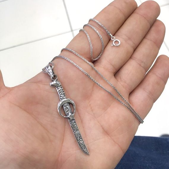 Foxtail Chain Moon Star Knife Silver Men's Necklace - photo 3