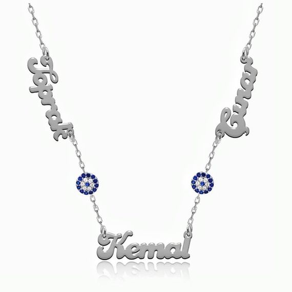 Three Names Family Necklace with Evil Eye Sterling Silver Necklace - photo 3