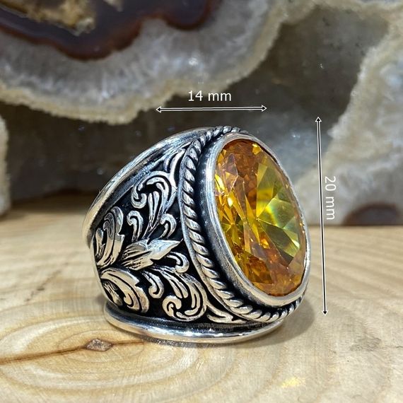 Big Citrine Stone Handmade 925 Sterling Silver Men's Ring - photo 3