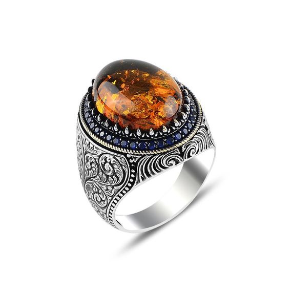 Drop Amber Penkar Engraving 925 Sterling Silver Men's Ring - photo 1