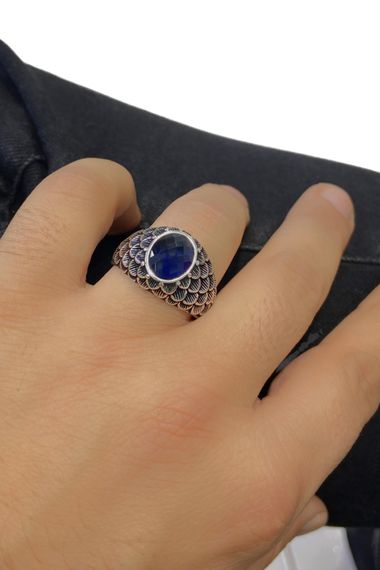 Navy Blue Zircon Eagle Patterned 925 Sterling Silver Men's Ring - photo 3