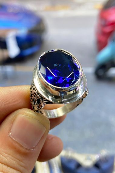 Büyük Safir Taşlı El Üretim 925 Gümüş Erkek Yüzük - fotoğraf 2