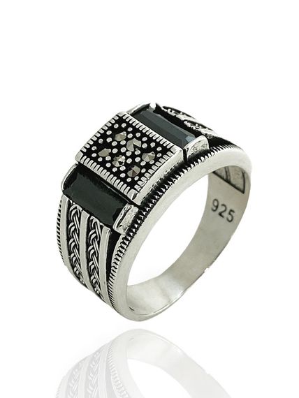 925 Sterling Silver Marcasite Onyx Stone Daily Elegant Men's Ring - photo 2