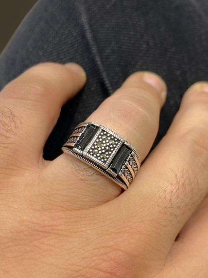 925 Sterling Silver Marcasite Onyx Stone Daily Elegant Men's Ring - photo 3