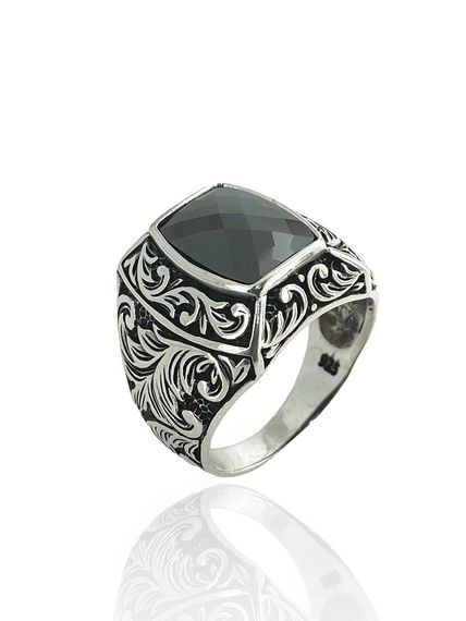 925 Sterling Silver Sadekar Engraving Engraved Black Onyx Men's Ring - photo 2