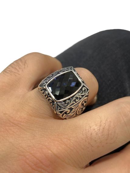 925 Sterling Silver Sadekar Engraving Engraved Black Onyx Men's Ring - photo 3