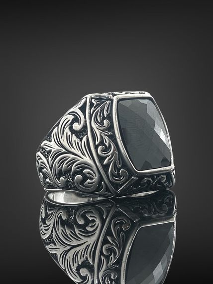 925 Sterling Silver Sadekar Engraving Engraved Black Onyx Men's Ring - photo 1