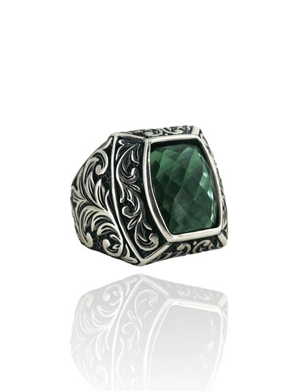 Engraving Very Simple and Stylish Emerald Stone 925 Sterling Silver Men's Ring - photo 2